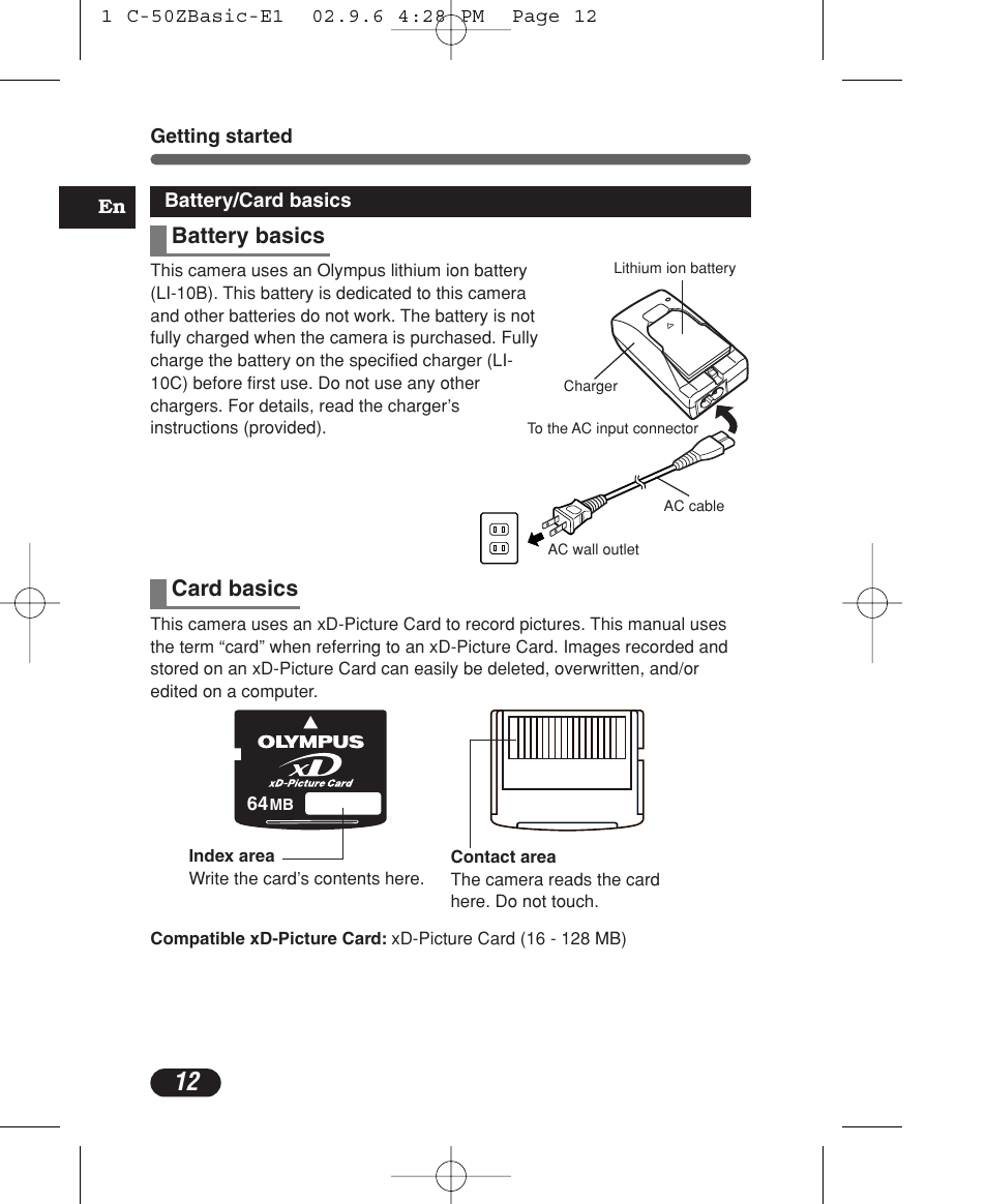 Battery basics card basics | Olympus C-50 Zoom User Manual | Page 12 / 156