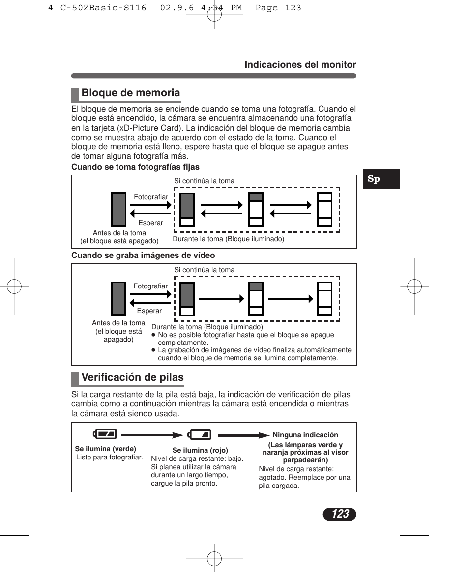 Verificación de pilas, Sp indicaciones del monitor | Olympus C-50 Zoom User Manual | Page 123 / 156