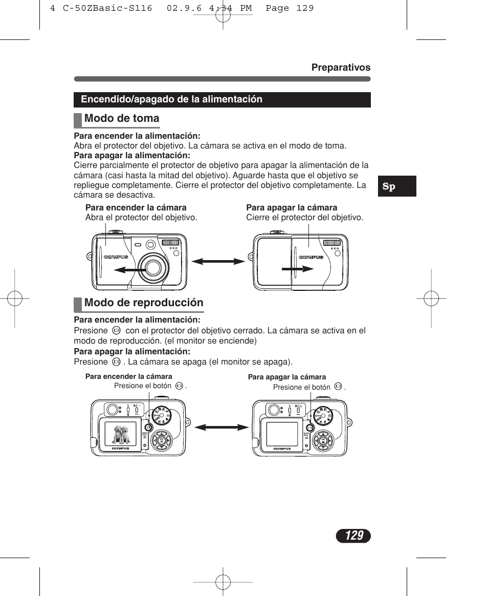 Modo de toma, Modo de reproducción | Olympus C-50 Zoom User Manual | Page 129 / 156