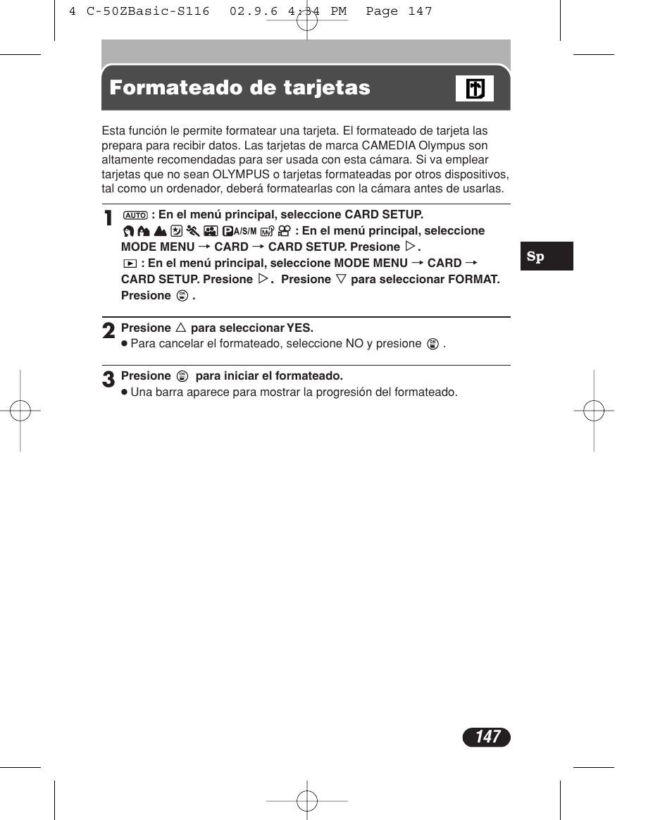 Formateado de tarjetas | Olympus C-50 Zoom User Manual | Page 147 / 156