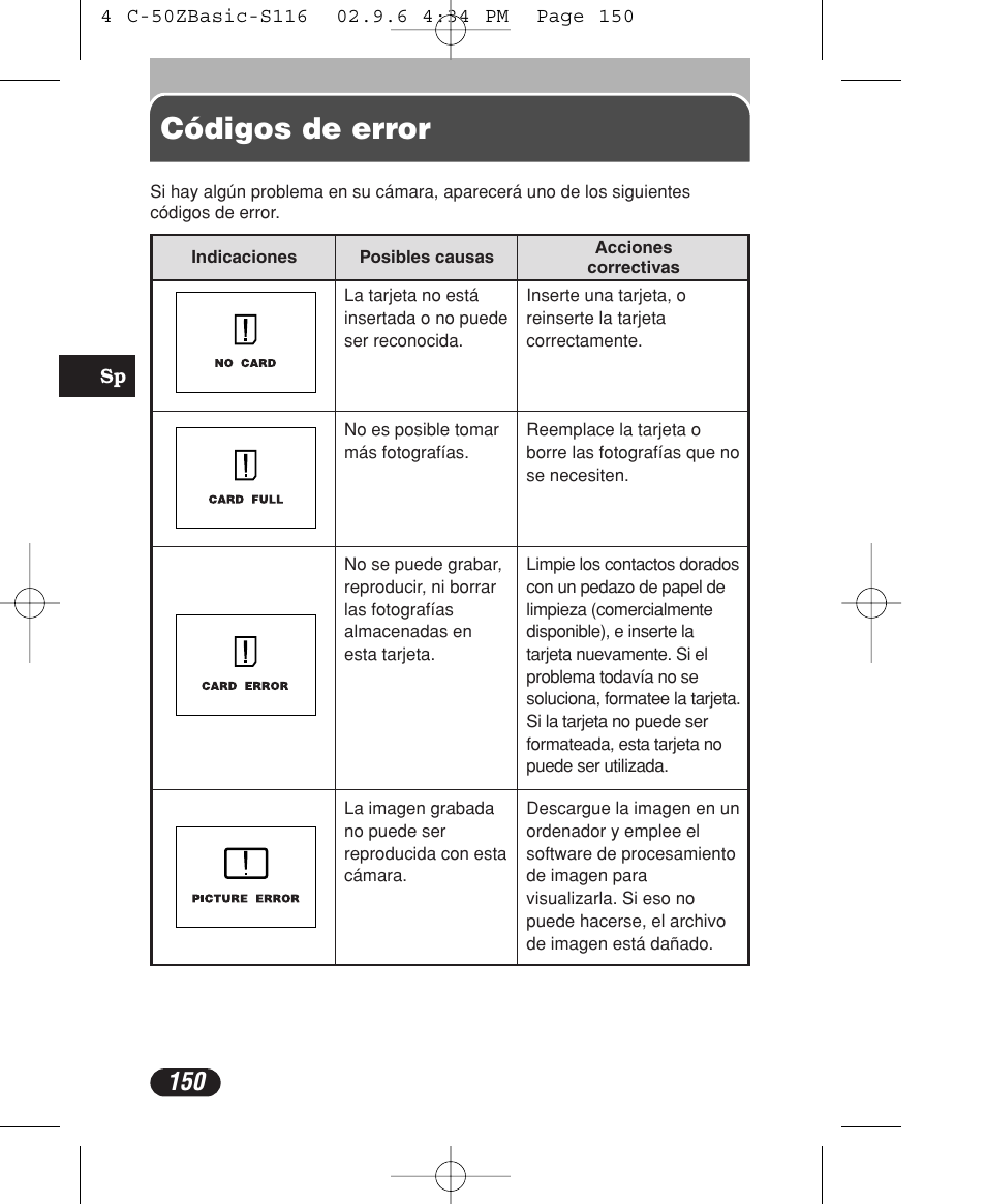 Códigos de error | Olympus C-50 Zoom User Manual | Page 150 / 156