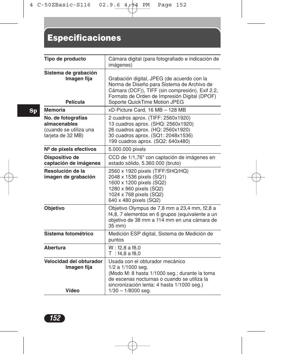 Especificaciones | Olympus C-50 Zoom User Manual | Page 152 / 156