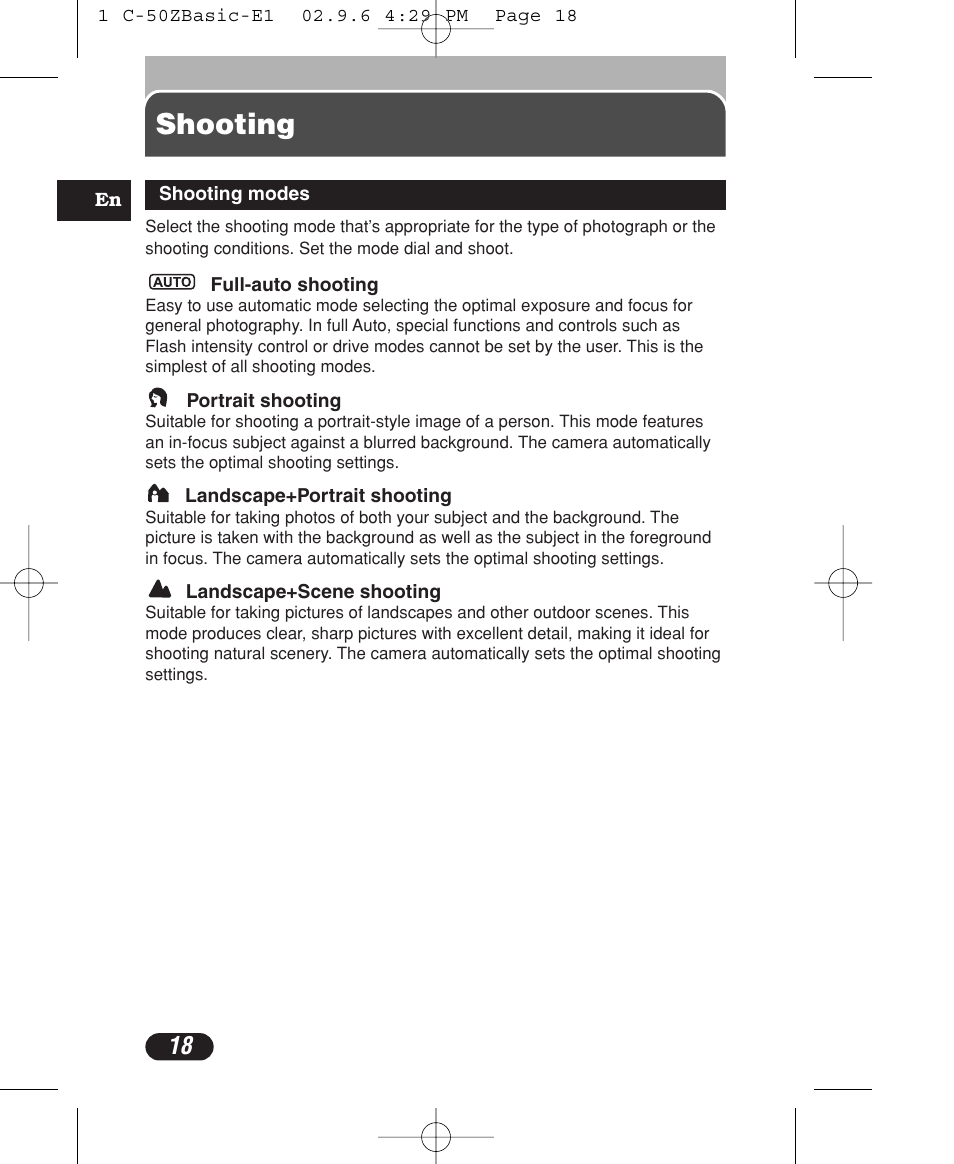 Shooting | Olympus C-50 Zoom User Manual | Page 18 / 156