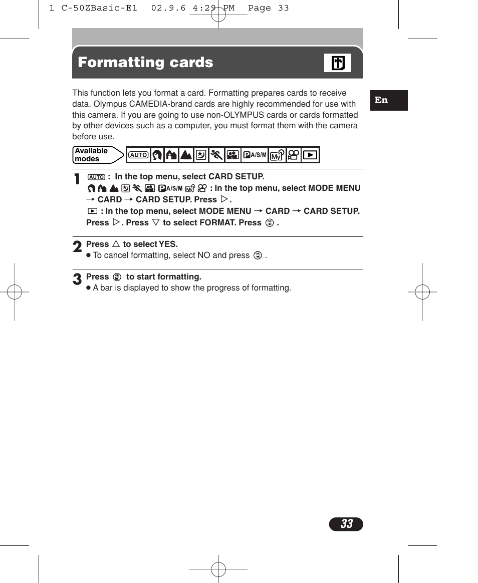 Formatting cards | Olympus C-50 Zoom User Manual | Page 33 / 156