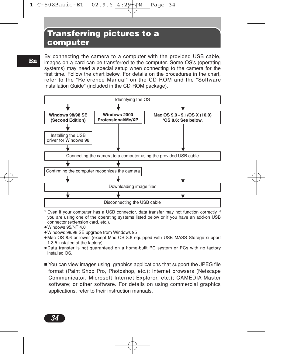 Transferring pictures to a computer | Olympus C-50 Zoom User Manual | Page 34 / 156