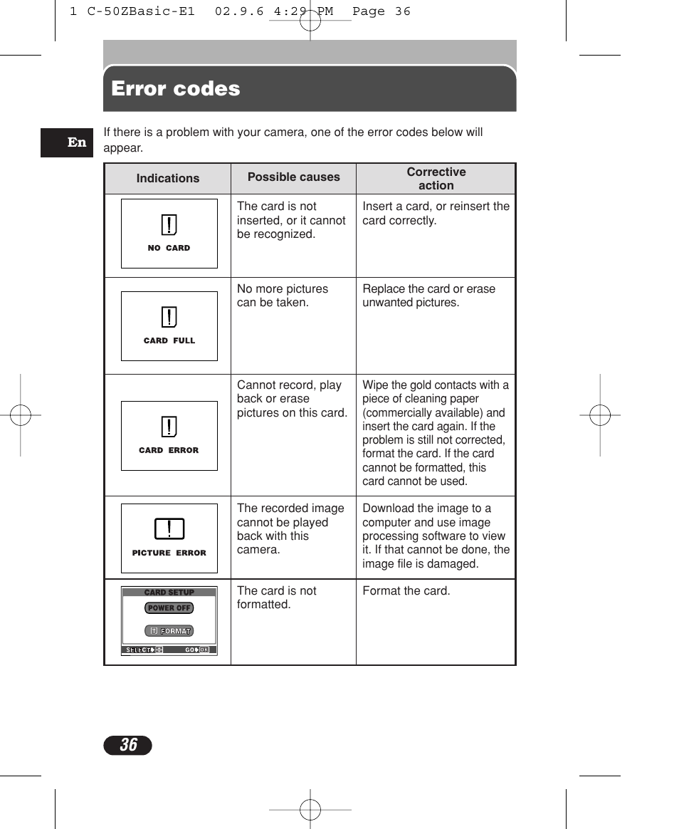 Error codes | Olympus C-50 Zoom User Manual | Page 36 / 156