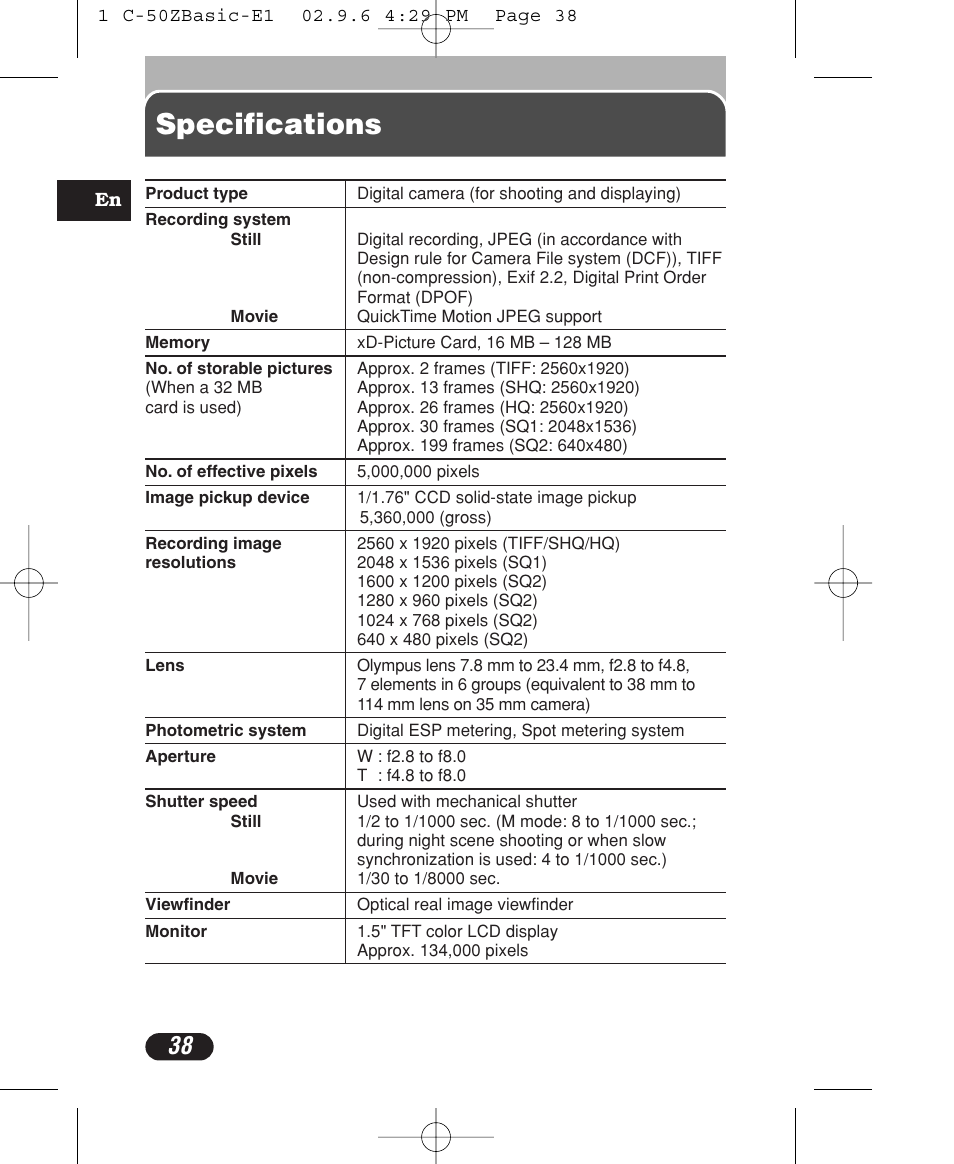 Specifications | Olympus C-50 Zoom User Manual | Page 38 / 156