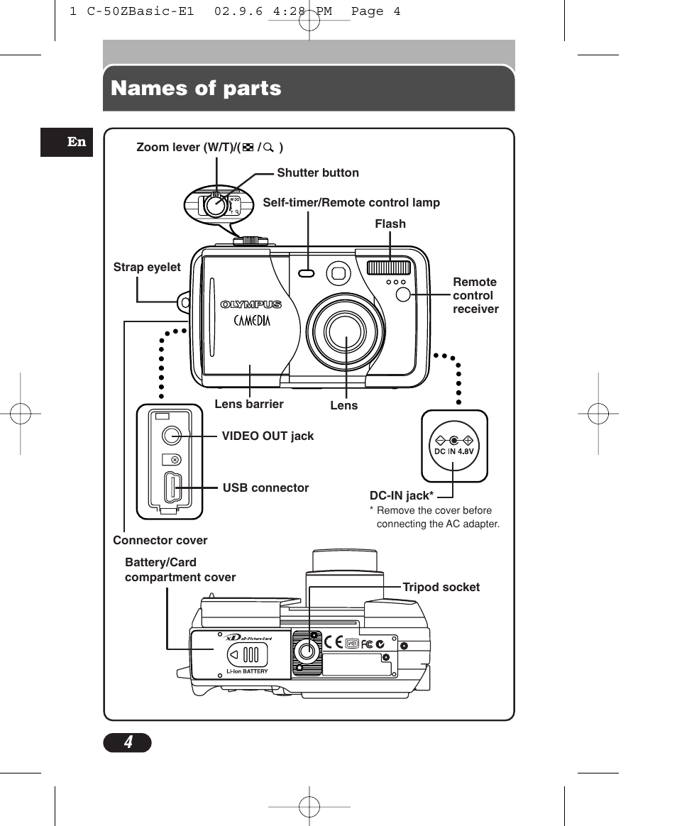 Names of parts | Olympus C-50 Zoom User Manual | Page 4 / 156