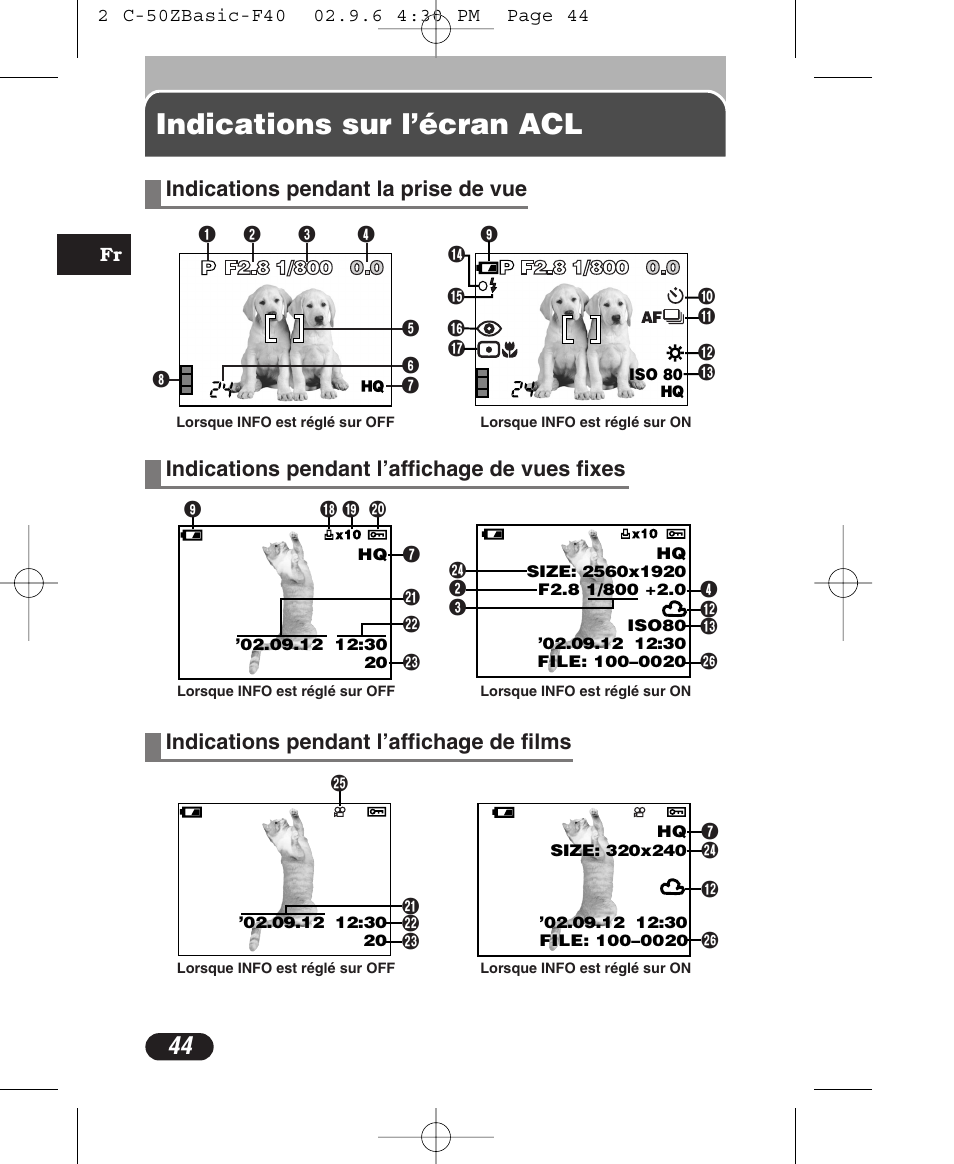 Indications sur l’écran acl | Olympus C-50 Zoom User Manual | Page 44 / 156