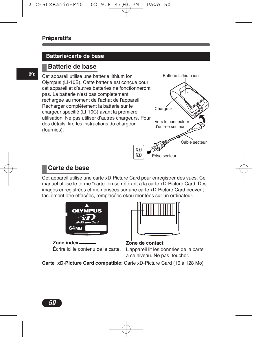 Batterie de base carte de base | Olympus C-50 Zoom User Manual | Page 50 / 156