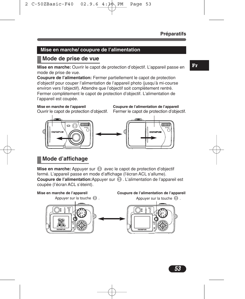 Mode de prise de vue, Mode d’affichage | Olympus C-50 Zoom User Manual | Page 53 / 156