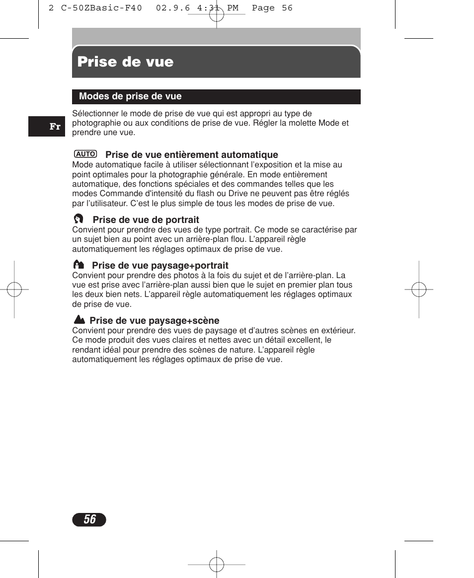 Prise de vue | Olympus C-50 Zoom User Manual | Page 56 / 156