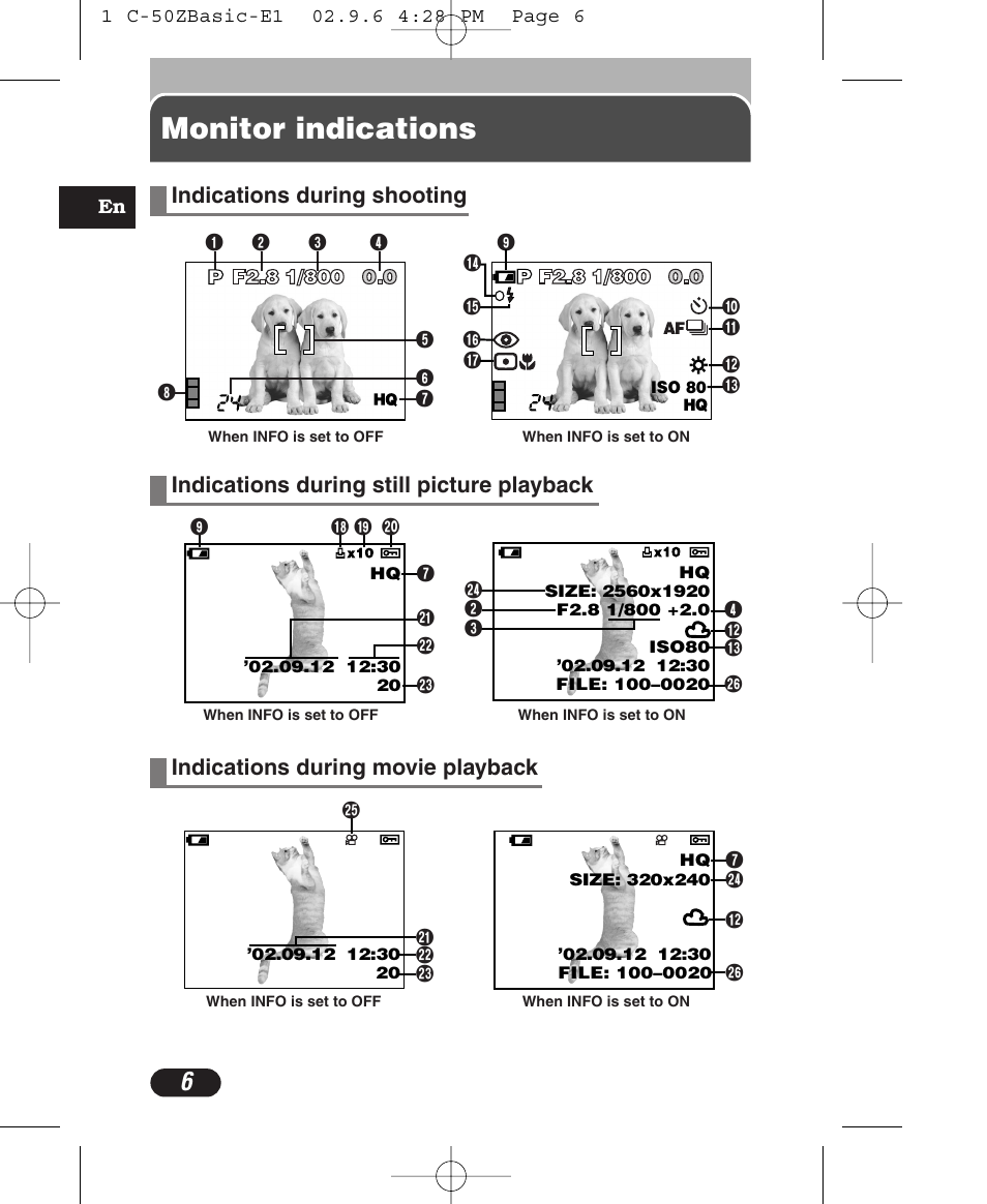 Monitor indications | Olympus C-50 Zoom User Manual | Page 6 / 156