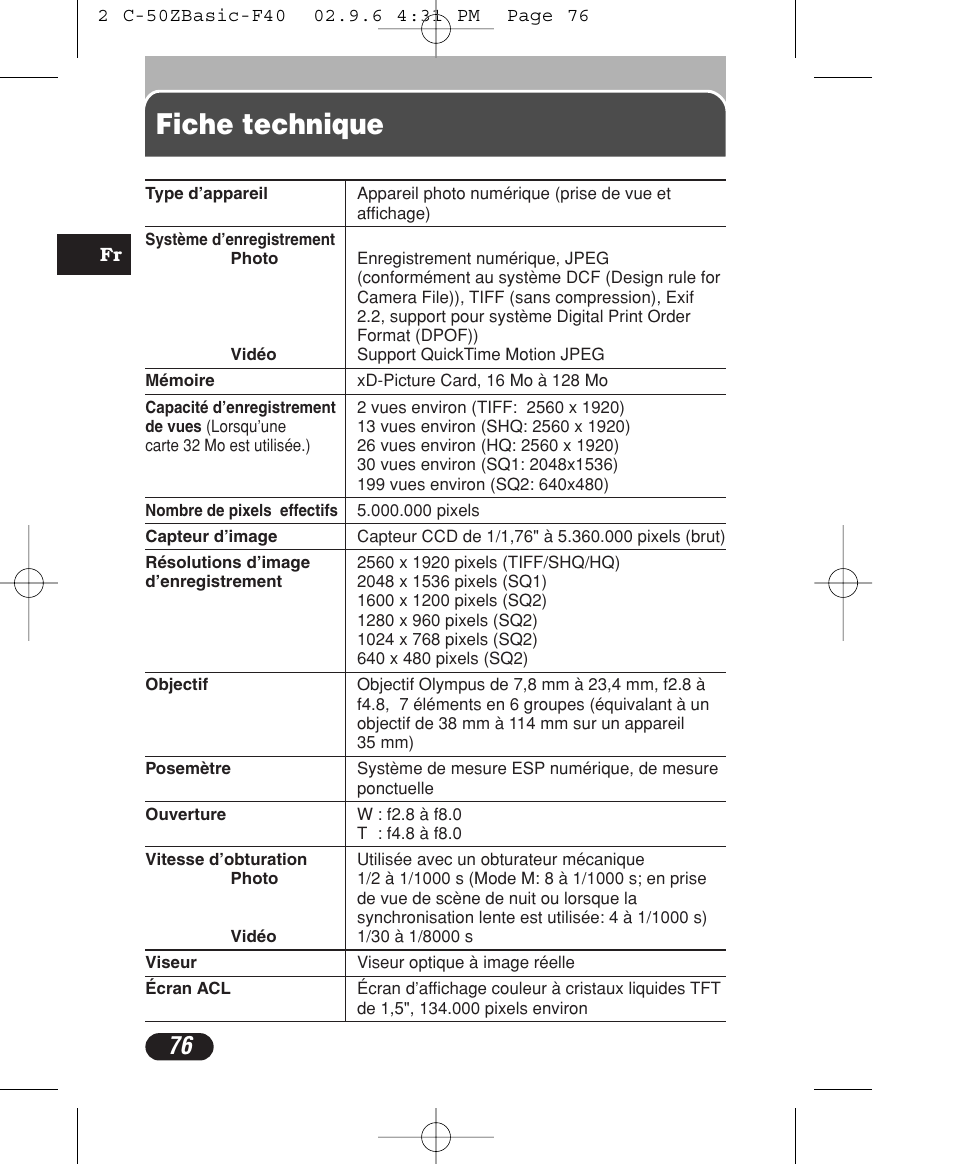 Fiche technique | Olympus C-50 Zoom User Manual | Page 76 / 156