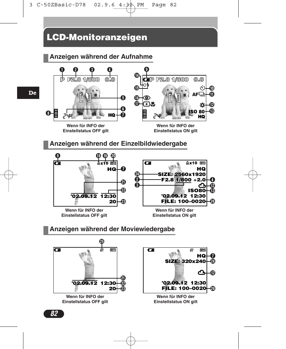 Lcd-monitoranzeigen, Anzeigen während der moviewiedergabe | Olympus C-50 Zoom User Manual | Page 82 / 156