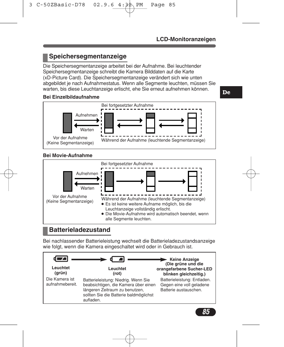 Batterieladezustand, Speichersegmentanzeige, De lcd-monitoranzeigen | Olympus C-50 Zoom User Manual | Page 85 / 156