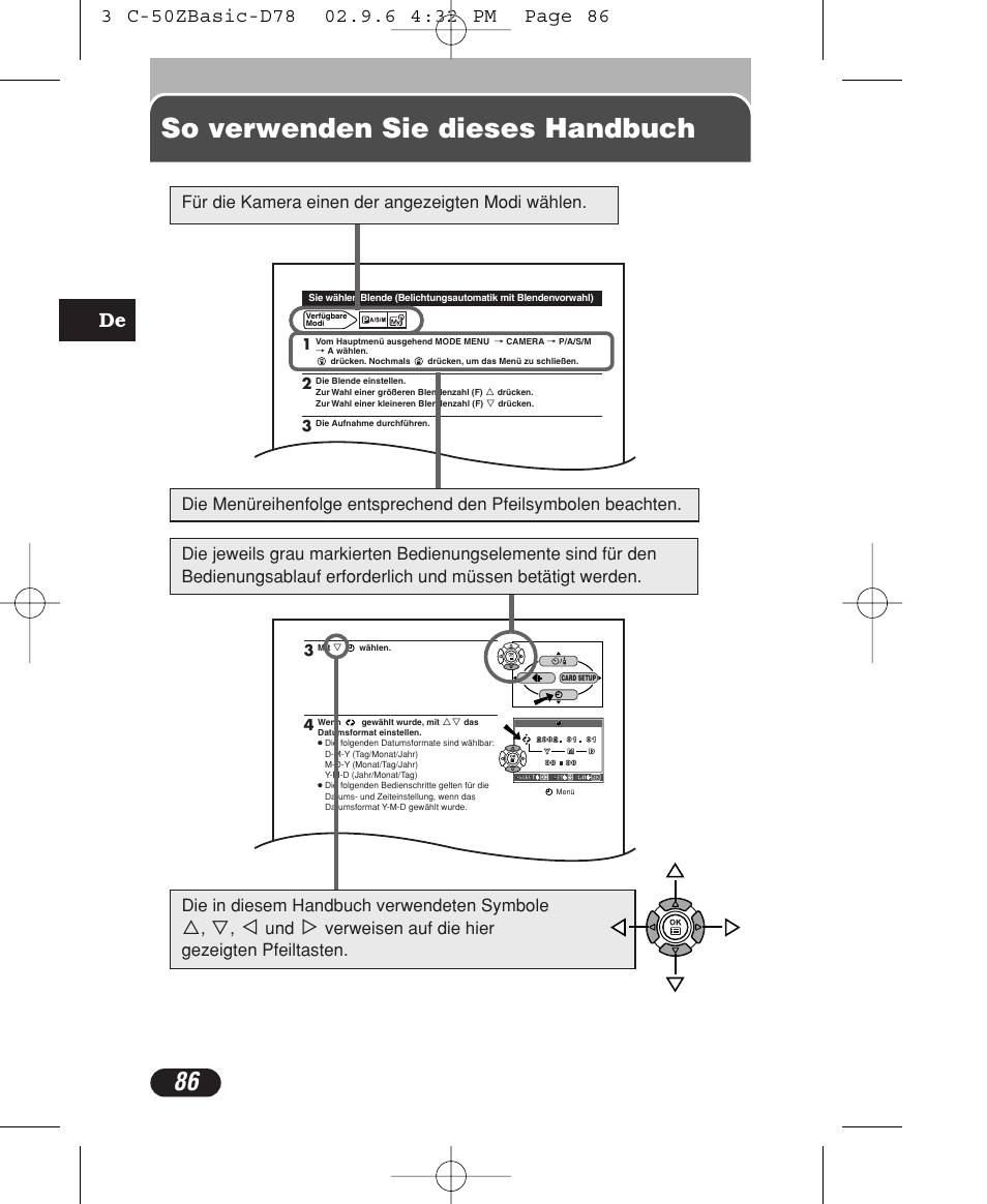 So verwenden sie dieses handbuch, Die in diesem handbuch verwendeten symbole | Olympus C-50 Zoom User Manual | Page 86 / 156