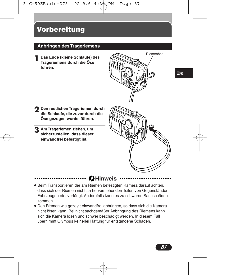 Vorbereitung | Olympus C-50 Zoom User Manual | Page 87 / 156