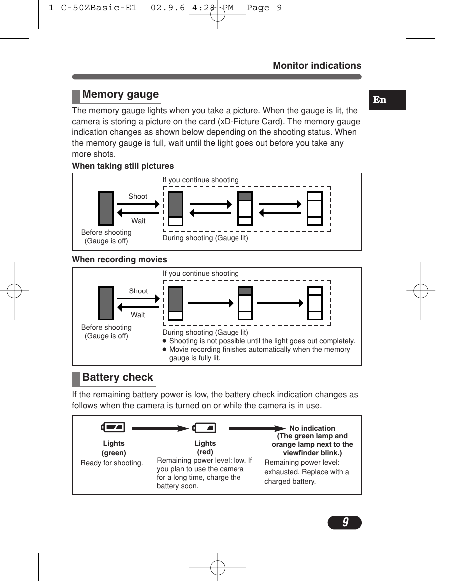En monitor indications | Olympus C-50 Zoom User Manual | Page 9 / 156