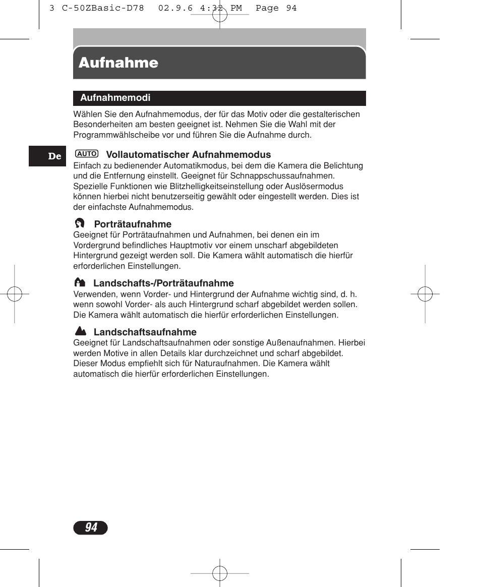 Aufnahme | Olympus C-50 Zoom User Manual | Page 94 / 156