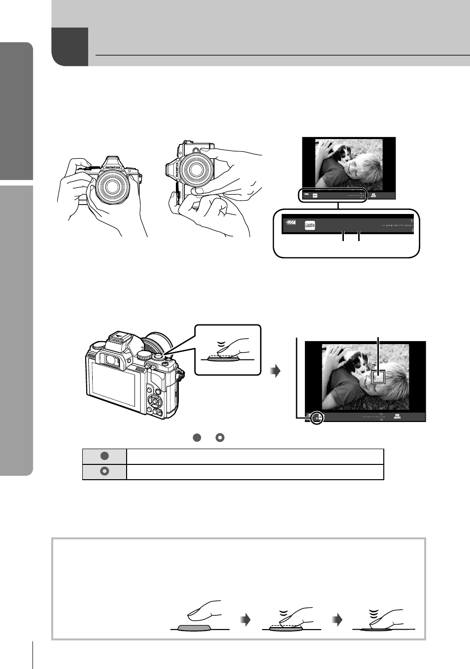 Taking photographs/shooting movies, Basic guide, Basic operations | Frame a picture in the viewfi nder, Adjust the focus, 14 en | Olympus E-M5 User Manual | Page 14 / 133