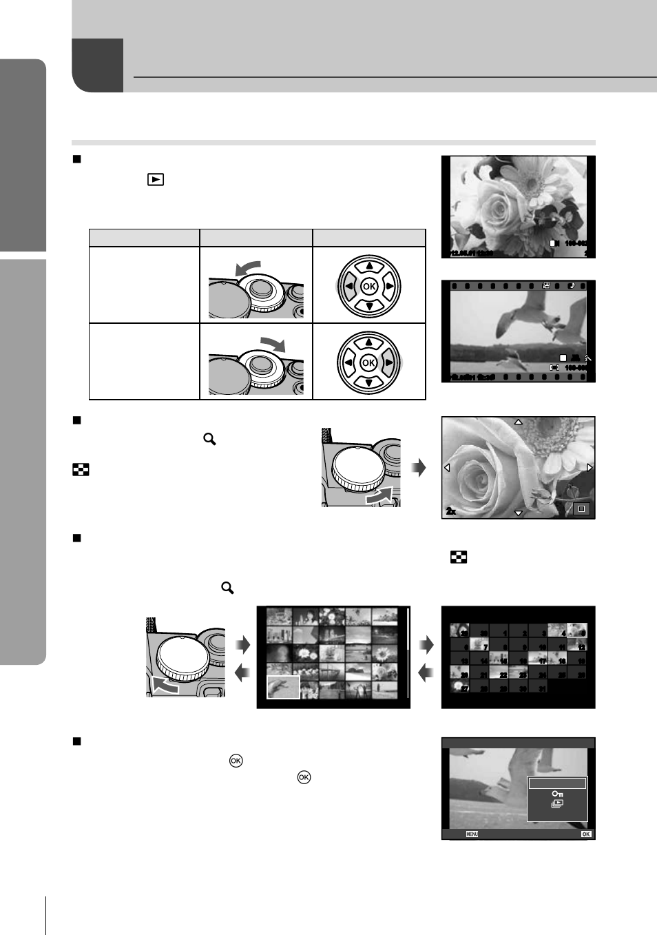 Playback/erasing, Basic guide, Basic operations | Viewing images, 16 en, Single-frame playback, Close-up playback, Index display/calendar display, Still image, Movie | Olympus E-M5 User Manual | Page 16 / 133