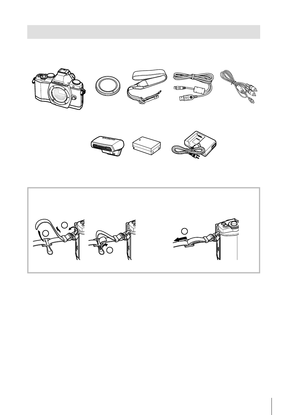 Unpack the box contents | Olympus E-M5 User Manual | Page 3 / 133