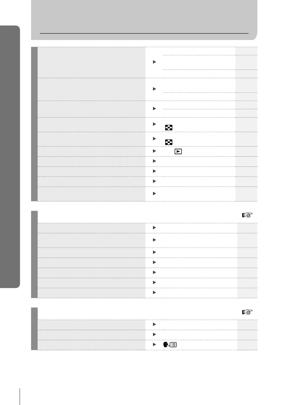 Quick task index, Playback/retouch, Camera settings | Olympus E-M5 User Manual | Page 34 / 133