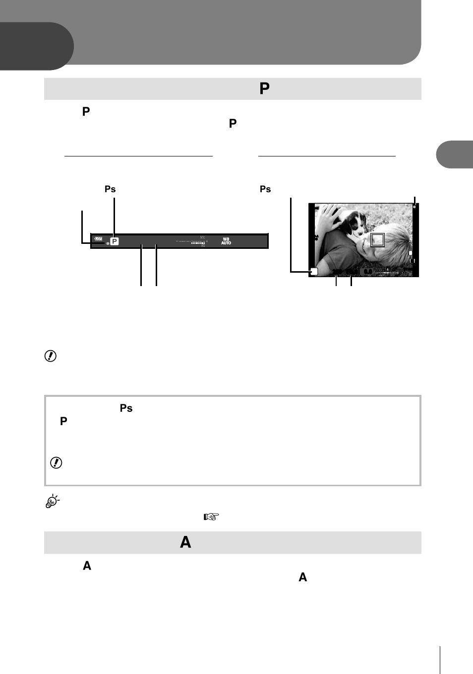 Other shooting options, Point-and-shoot” photography ( p program mode), Choosing aperture ( a aperture-priority mode) | 57 en | Olympus E-M5 User Manual | Page 57 / 133