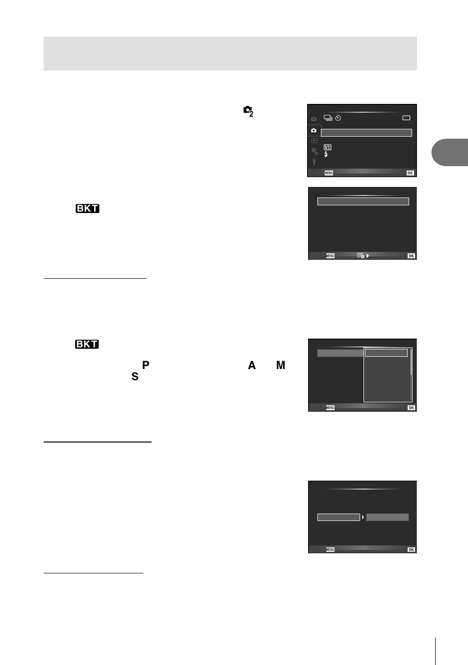 Other shooting options, Select [bracketing] in shooting menu x (p. 111), Choose a bracketing type | 63 en | Olympus E-M5 User Manual | Page 63 / 133