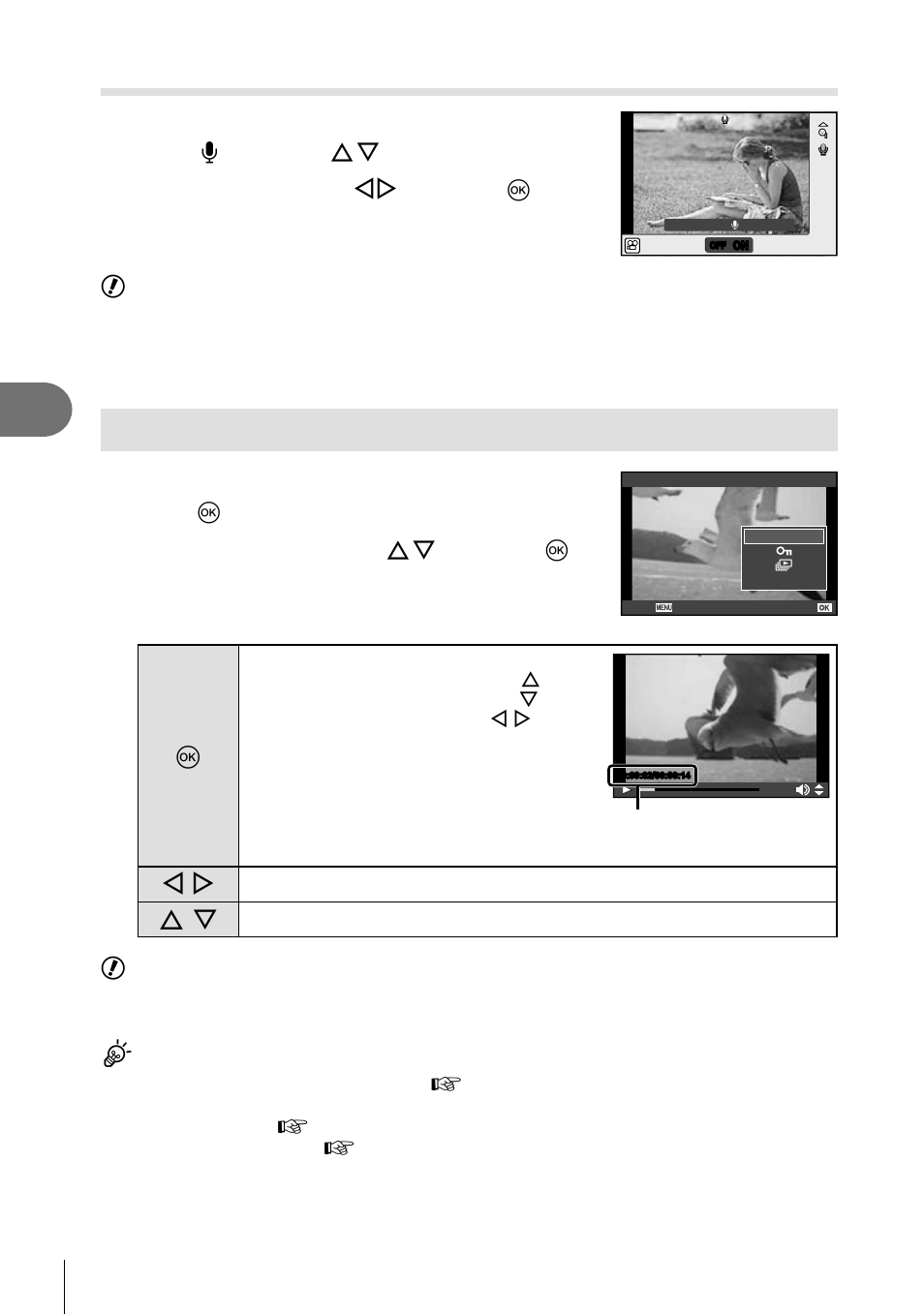 Viewing movies, Shooting and viewing movies, Movie sound options (recording sound with movies) | Switch on/off using hi and press q | Olympus E-M5 User Manual | Page 68 / 133