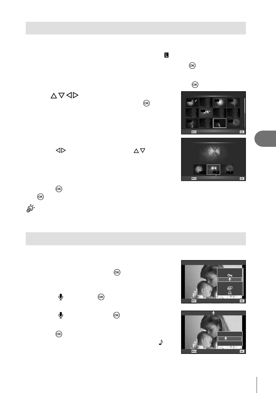 Image overlay, Audio recording, Playback options | Adjust gain, Select [r] and press q, Select [r start] and press q to begin recording, Press q to end recording | Olympus E-M5 User Manual | Page 73 / 133