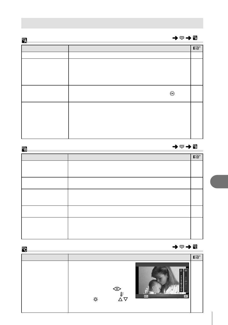 Accessory port menu options, A olympus penpal share, B olympus penpal album | C electronic viewfinder, Customizing camera settings | Olympus E-M5 User Manual | Page 95 / 133