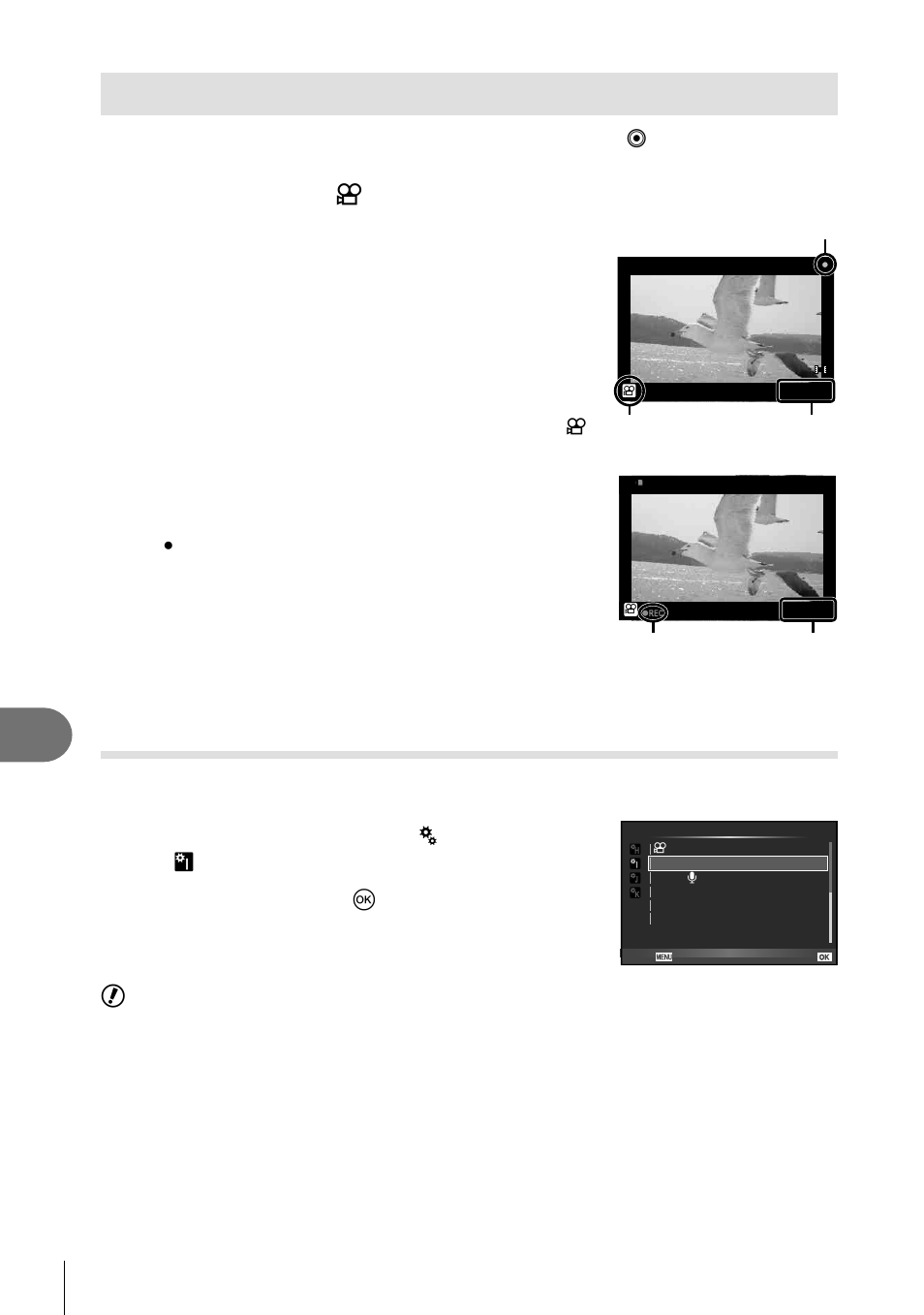 Recording movies with the shutter button, Customizing camera settings, Taking a photograph when recording ends | Set the mode dial to n, Select [on] and press q | Olympus E-M5 User Manual | Page 96 / 133