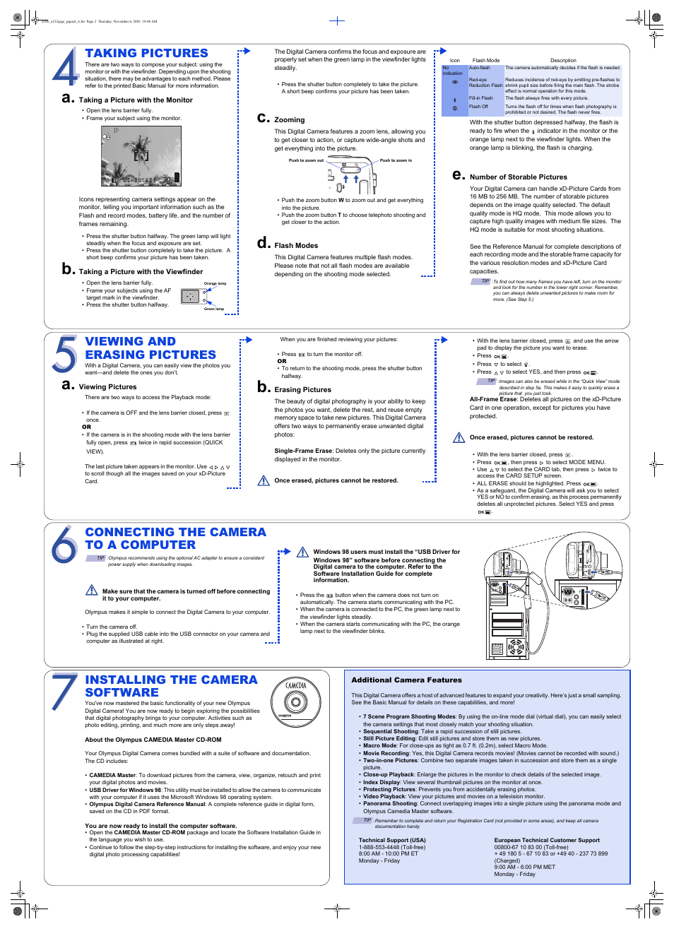 Viewing and erasing pictures, Taking pictures, Installing the camera software | Connecting the camera to a computer | Olympus P-400 User Manual | Page 2 / 2