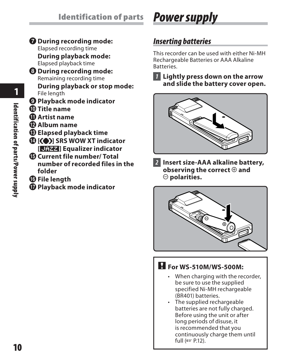 Power supply, Identification of parts, Inserting batteries | Olympus WS-500M User Manual | Page 10 / 72