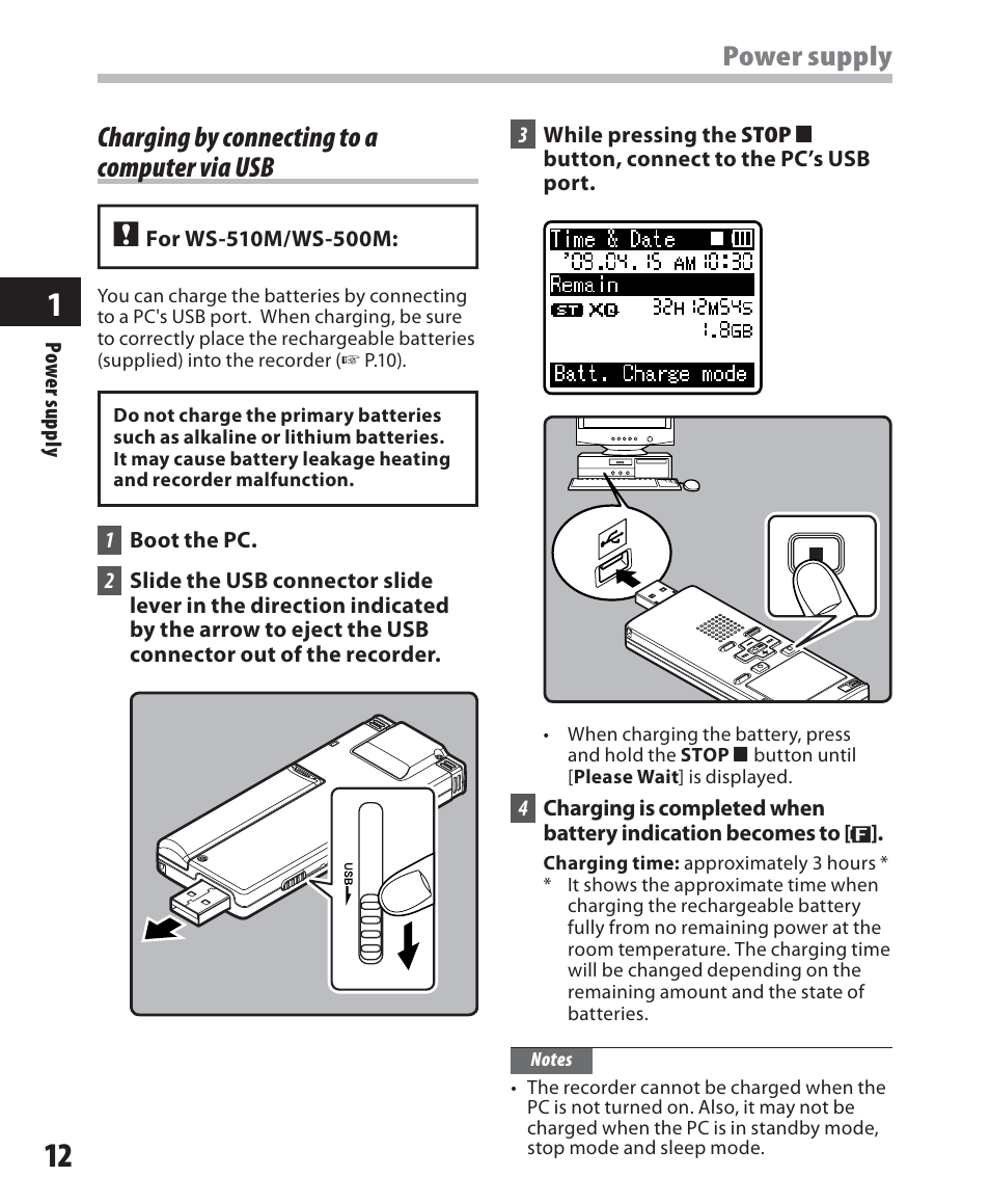 Power supply, Charging by connecting to a computer via usb | Olympus WS-500M User Manual | Page 12 / 72