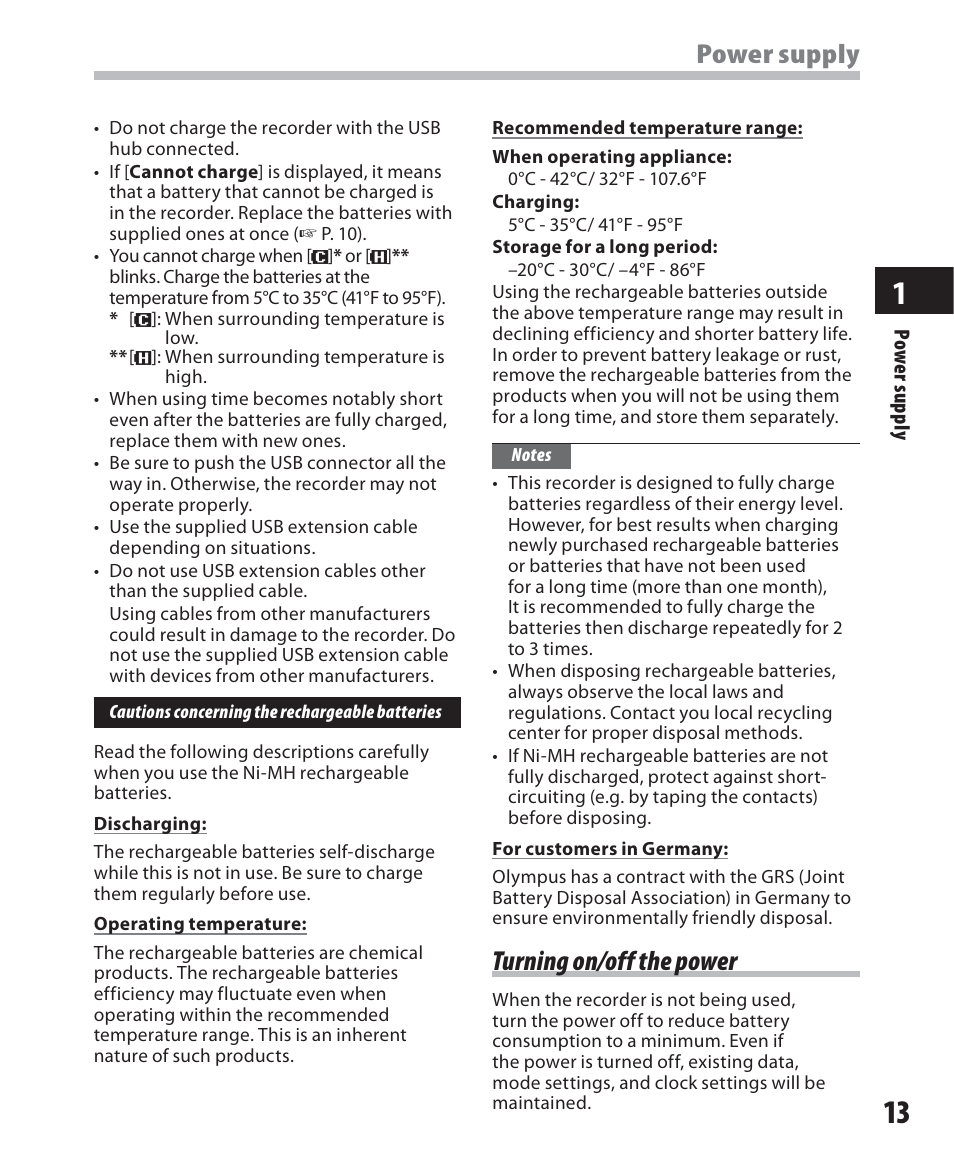 Power supply, Turning on/off the power | Olympus WS-500M User Manual | Page 13 / 72