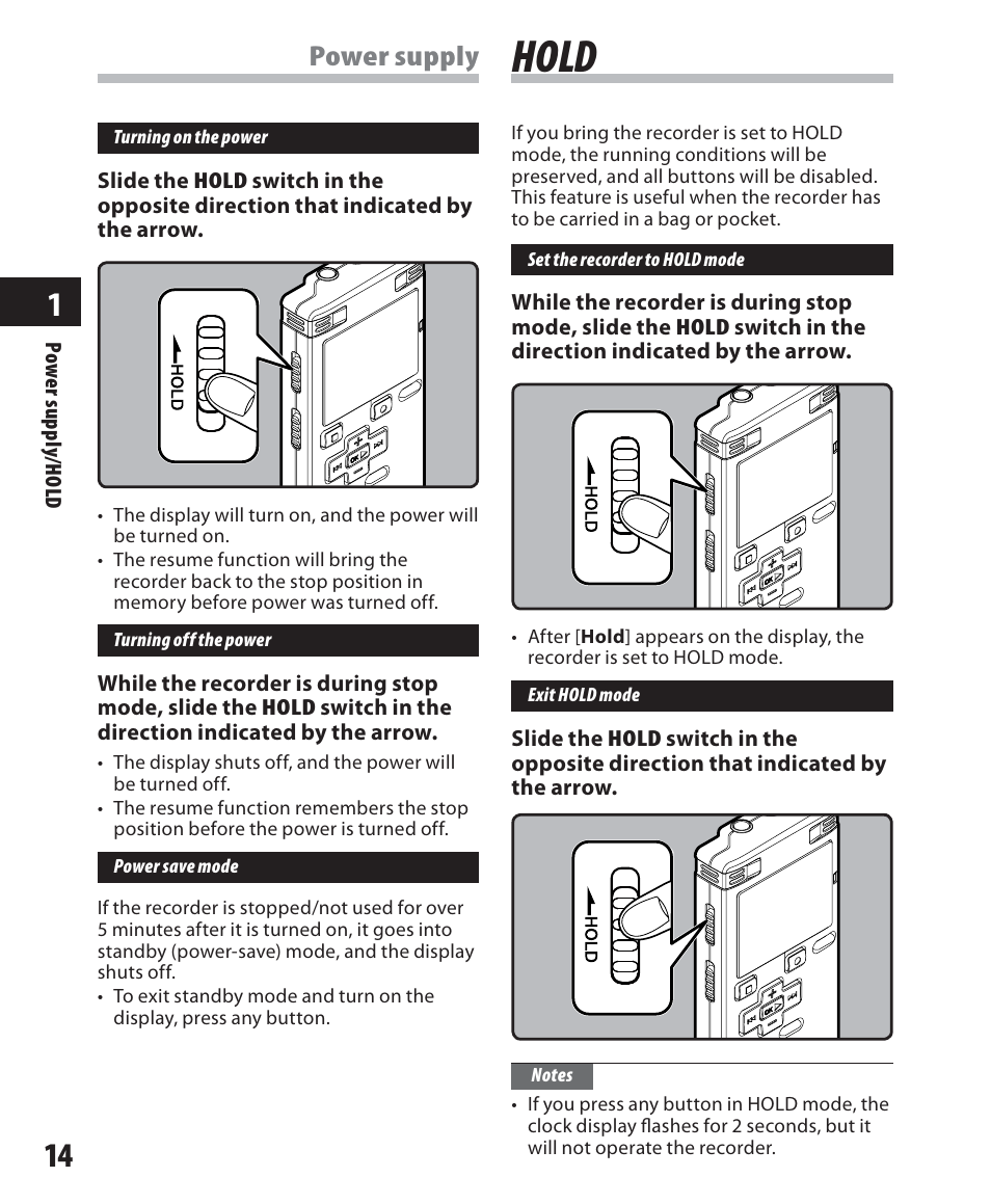 Hold, Power supply | Olympus WS-500M User Manual | Page 14 / 72