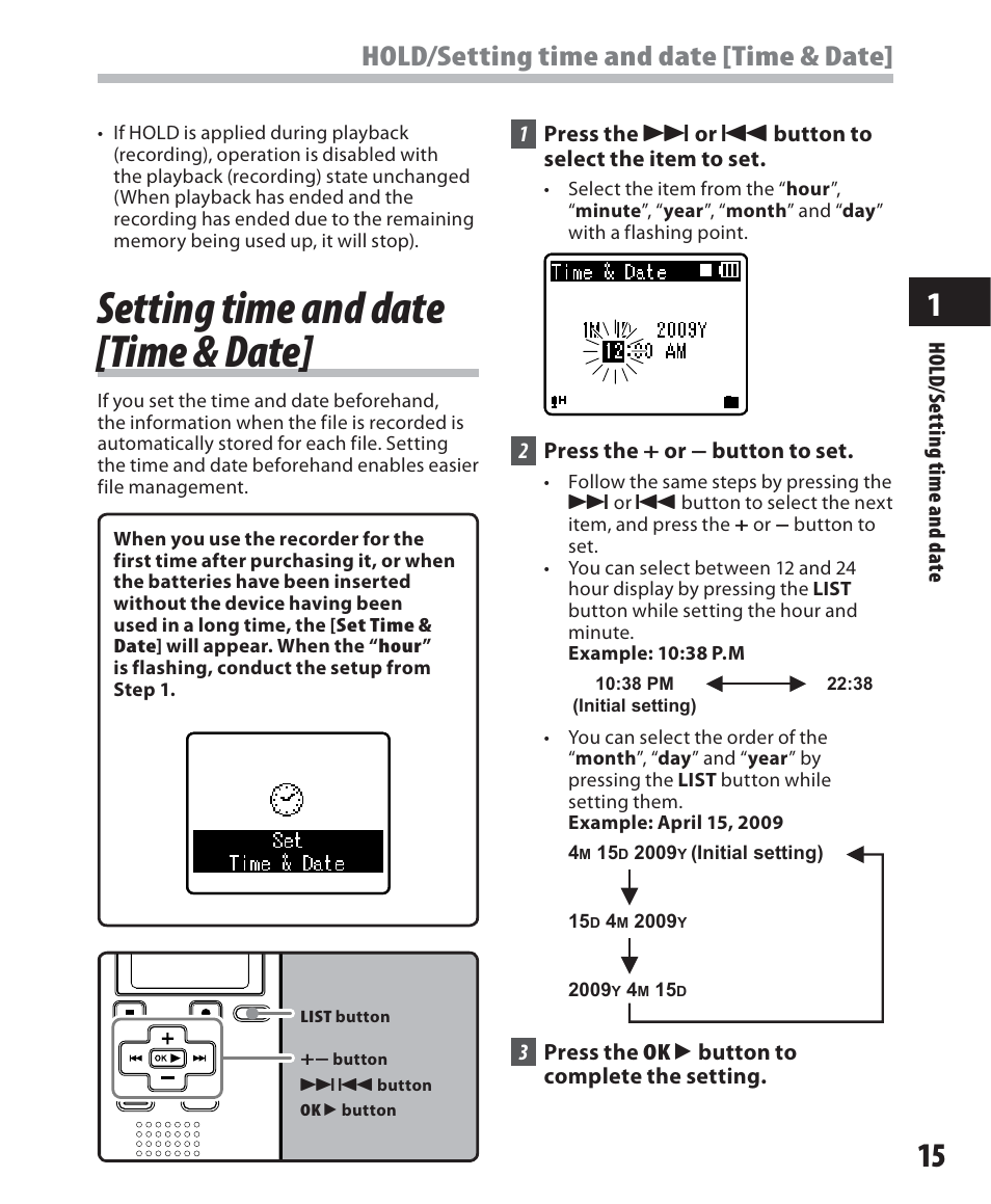 Setting time and date [time & date, Hold/setting time and date [time & date | Olympus WS-500M User Manual | Page 15 / 72