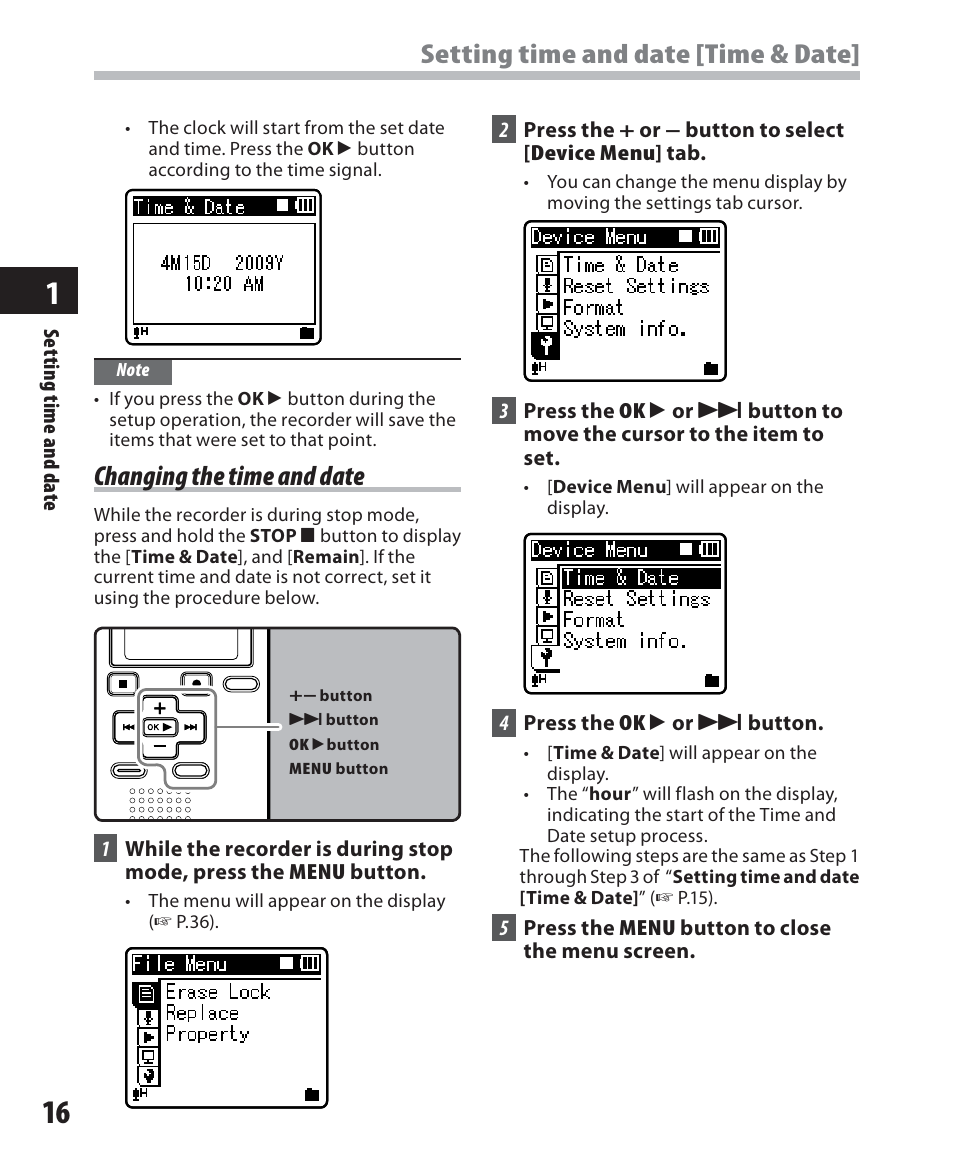 Setting time and date [time & date, Changing the time and date | Olympus WS-500M User Manual | Page 16 / 72