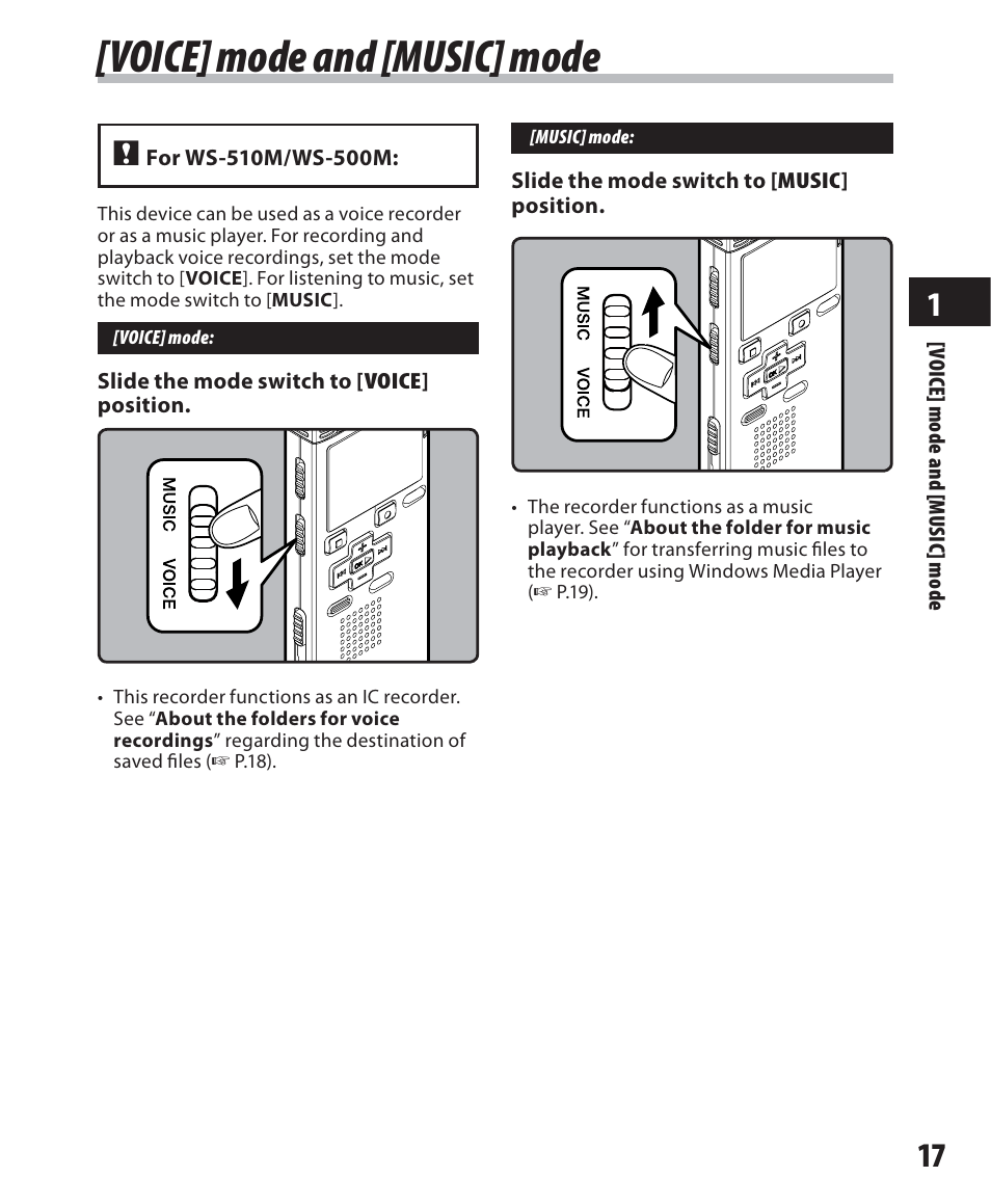 Voice] mode and [music] mode | Olympus WS-500M User Manual | Page 17 / 72