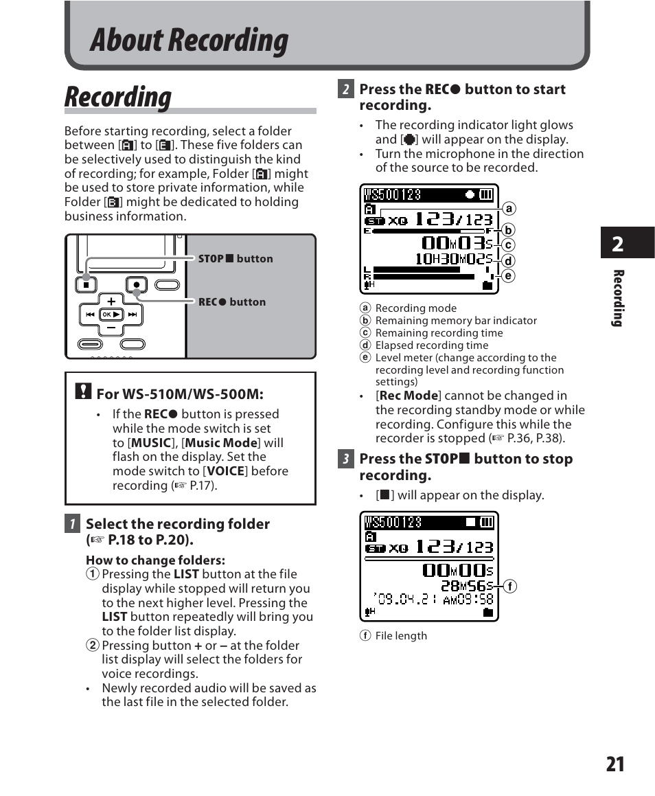 About recording, Recording | Olympus WS-500M User Manual | Page 21 / 72