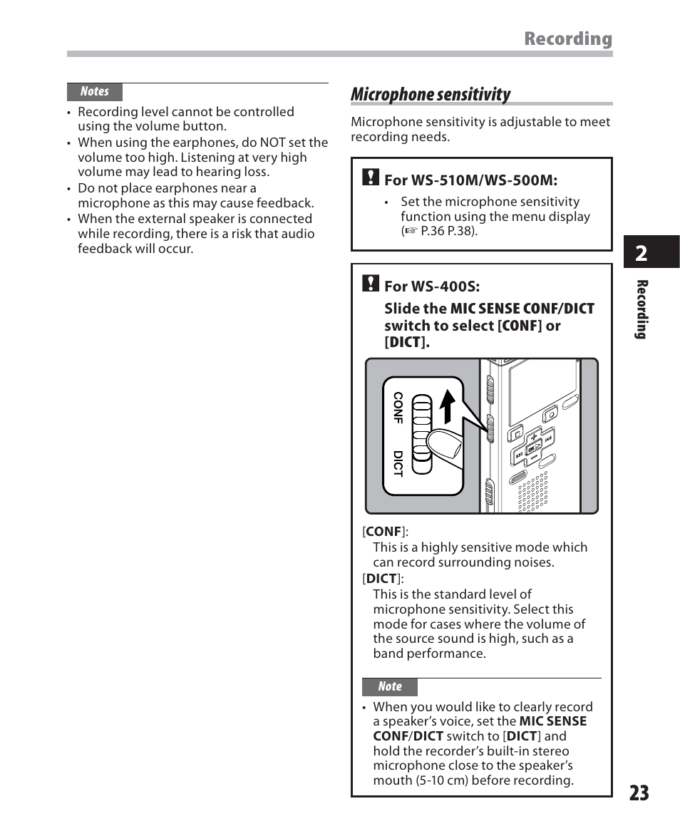 Recording, Microphone sensitivity | Olympus WS-500M User Manual | Page 23 / 72