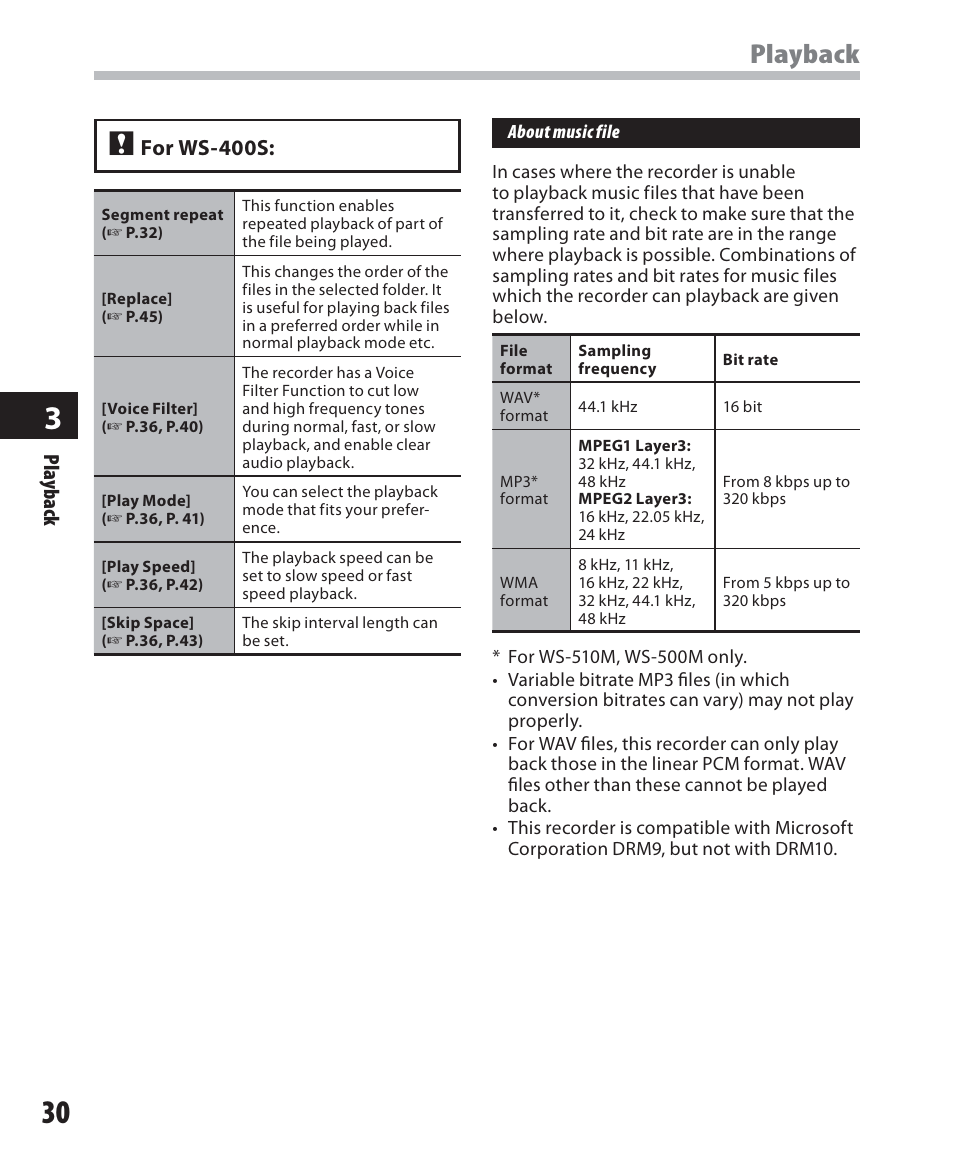 Playback, Pla yback, For ws-400s | Olympus WS-500M User Manual | Page 30 / 72