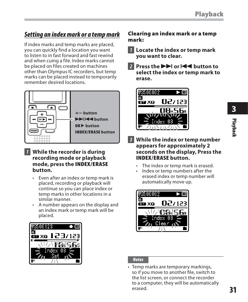 Playback, Setting an index mark or a temp mark | Olympus WS-500M User Manual | Page 31 / 72