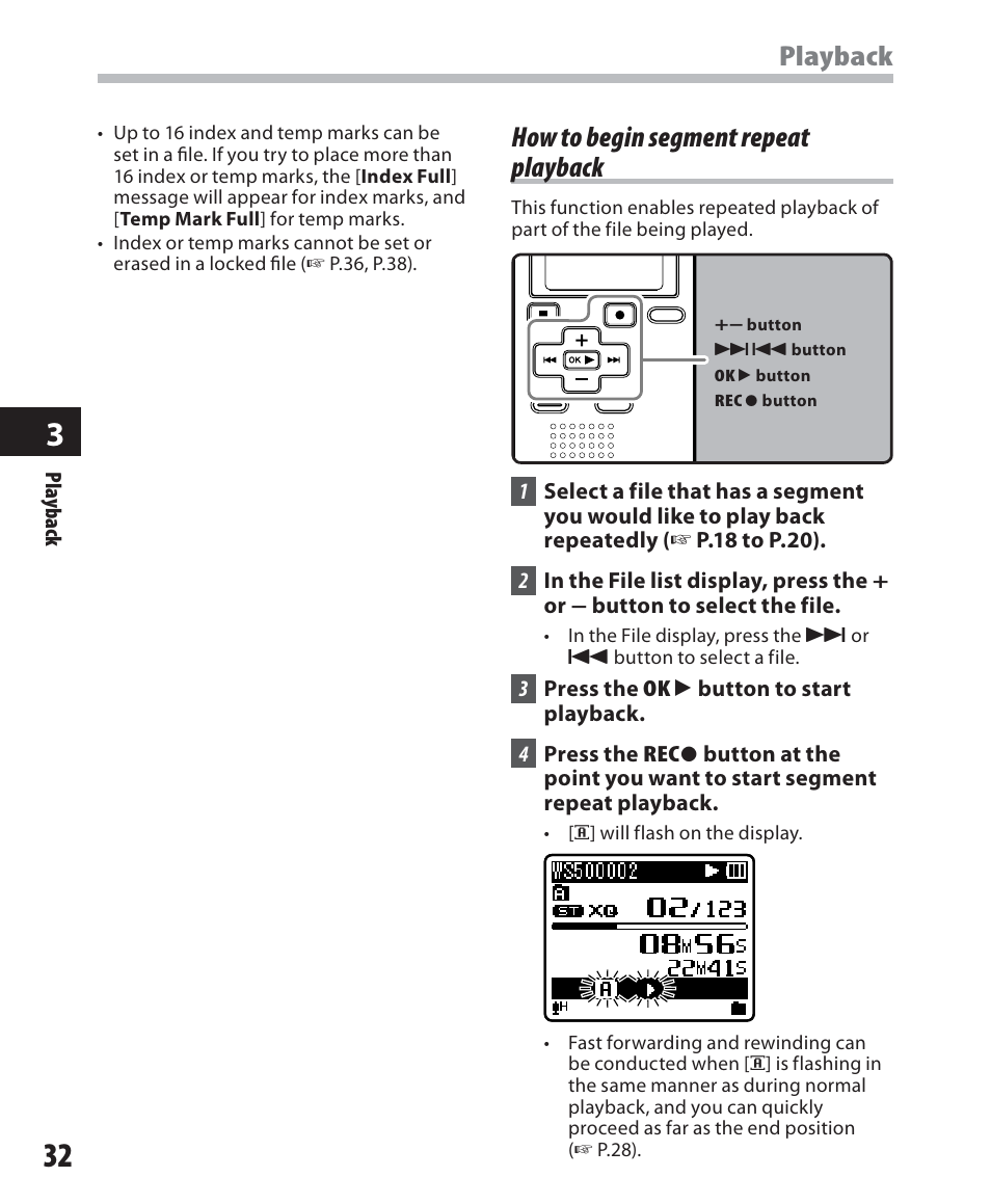 Playback, How to begin segment repeat playback | Olympus WS-500M User Manual | Page 32 / 72