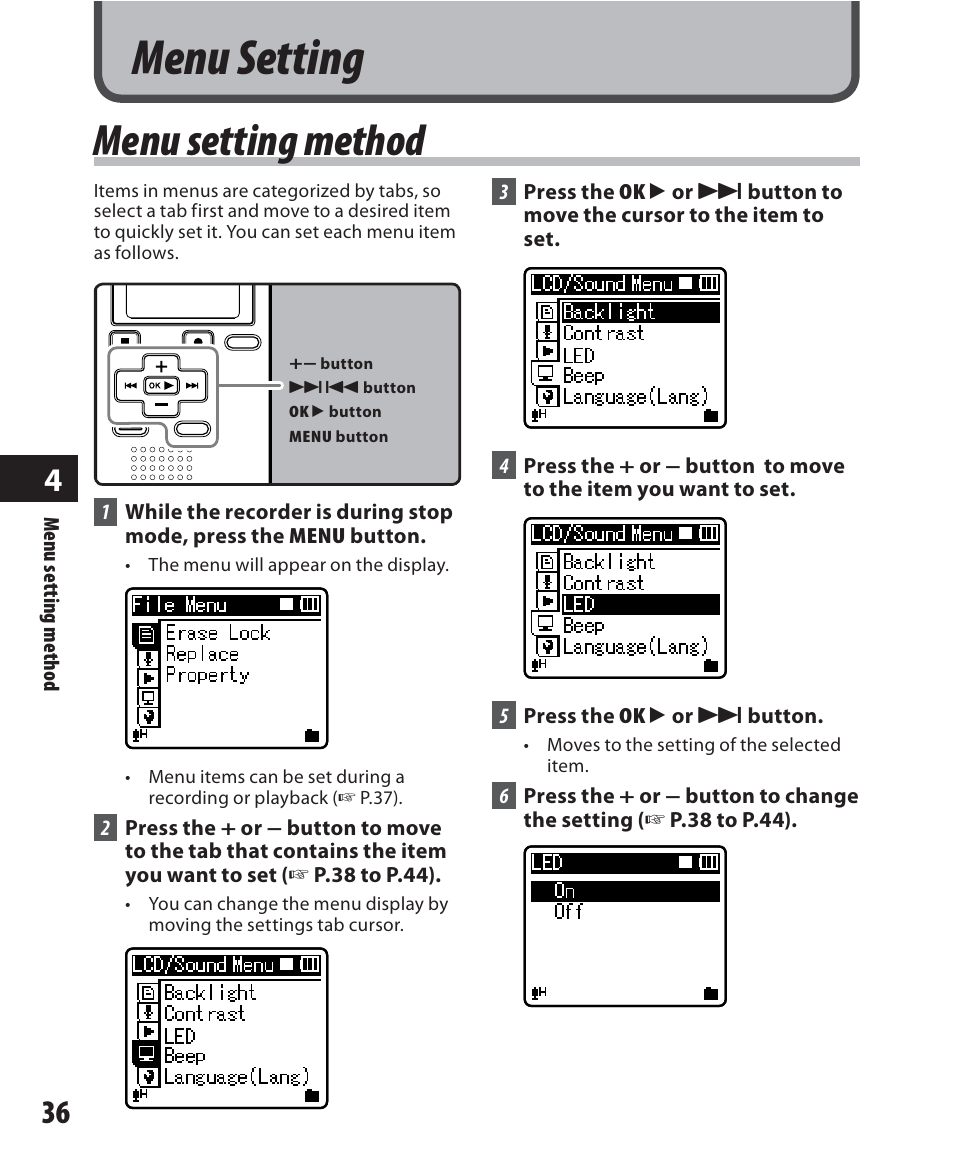 Menu setting, Menu setting method | Olympus WS-500M User Manual | Page 36 / 72