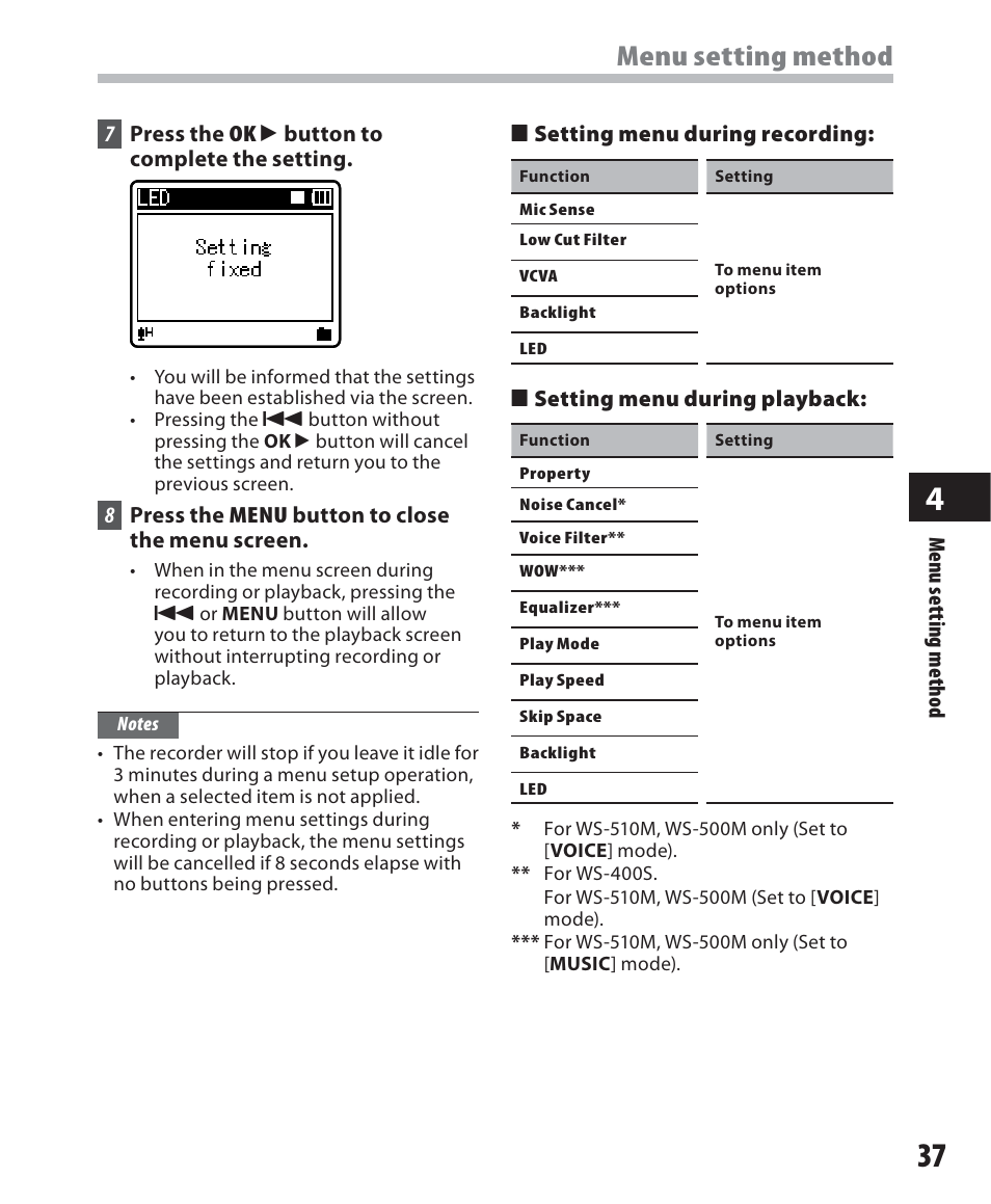 Menu setting method | Olympus WS-500M User Manual | Page 37 / 72