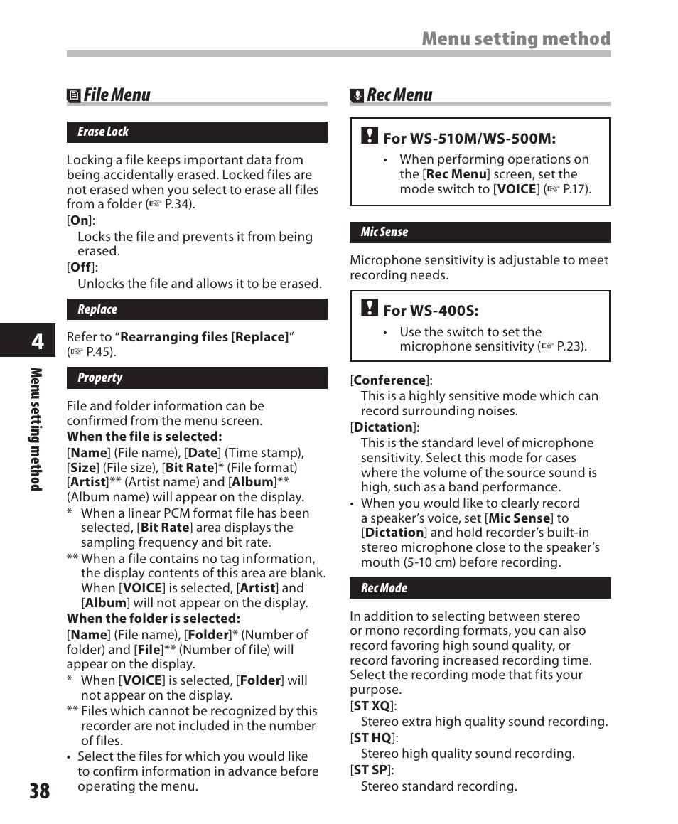 Menu setting method, Rec menu, File menu | Olympus WS-500M User Manual | Page 38 / 72